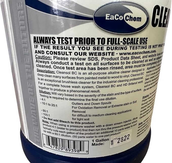 EaCo Chem Cleansol BC - Brushless Oxidation and Soil Remover for Most Surfaces - Highly Dilutable, All-Purpose Cleaner - Remove Deep Staining from Painted Metal, Wood, Vinyl + More! - 1 Gallon