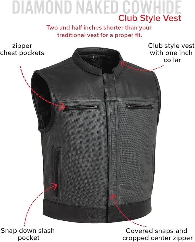 First Mfg Co Lowrider Mens Motorcycle Biker Riding Armor Club Style Black Leather, Twill, Moto Mesh, Perforated Vest