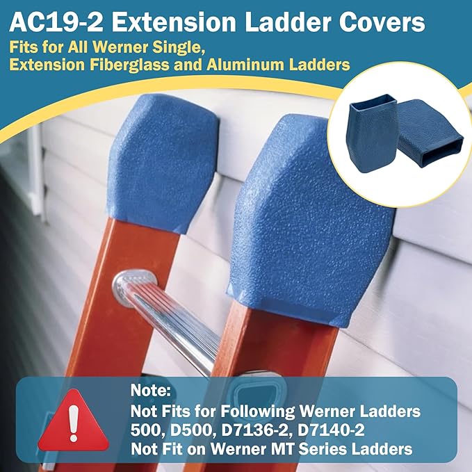 2 Pack AC19-2 Extension Ladder Covers Fit for Werner Extension Ladders, Ladder Pads Fit All Werner Ladders Except 500, D500, D7136-2, D7140-2 & MT, Ladder Stabilizer Bumpers Rubber End Caps Mitts