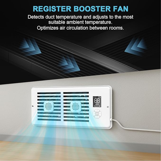 Register Booster Fan for 4" x 12" Vents Only,10 Speeds to Control Cool & Warm Airflow, Air Conditioning Vents with LED Screen Remote & Thermostat Control, for Room Walls & Floors (White)
