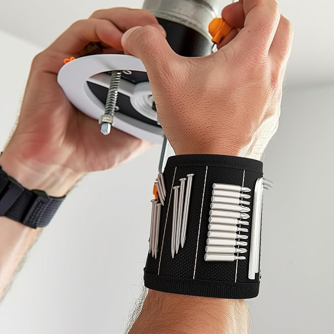 2PC Magnetic Wristband, 5-Row Strong Magnets for Holding Screws, Nails, Drill Bits, Tools Organizer for Craftsmen, Construction, Great Gift for Dad, Men (Black)