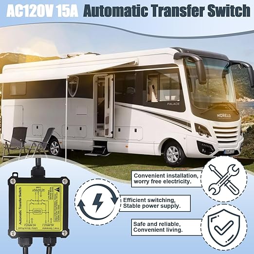 AC120V 15A Automatic Transfer Switch, ATS Power Transfer Switch with NEMA 5-15P Plug and 5-15R Receptacle, Auto Backup Power Switching Device