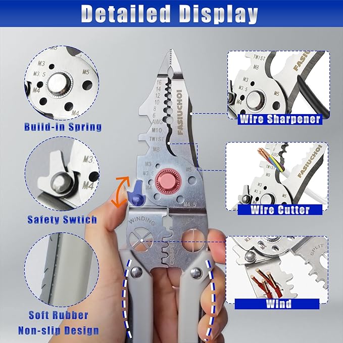Multi-function Wire Stripper Tool Electrical, 9-in-1 Wire Cutter & Wire Crimping Tool, Adjustable AWG 6-16, Comfortable Grip and Refined Craftsmanship