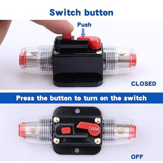 100 Amps Audio Inline Circuit Breaker Reset Fuse, 12V-24V DC Manual Reset Inline Fuse Holder for Car Marine Trolling Motors Audio, Stereo Switch and Solar Inverter System Protection 100A 2 Pcs