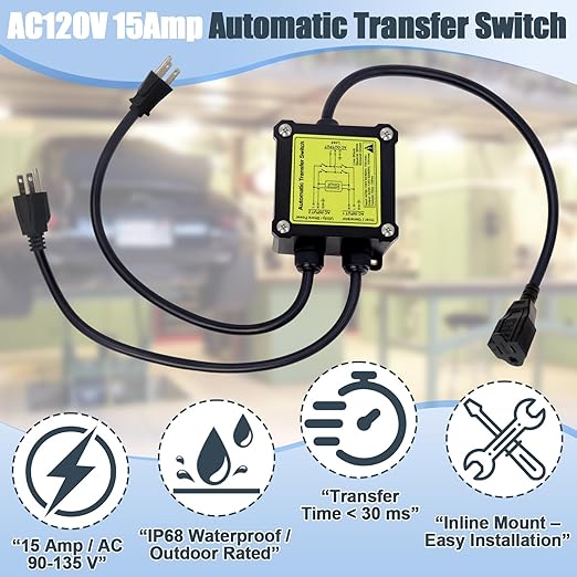 AC120V 15A Automatic Transfer Switch, ATS Power Transfer Switch with NEMA 5-15P Plug and 5-15R Receptacle, Auto Backup Power Switching Device