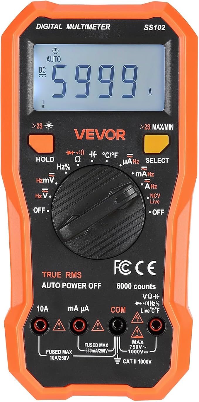 VEVOR Digital Multimeter, 6000-Count TRMS DC/AC Voltmeter Current Tester, Professional NCV Multimeter for Current Voltage Resistance Capacitance Duty-Cycle Tempetature Diodes Continuity Live Wire Test
