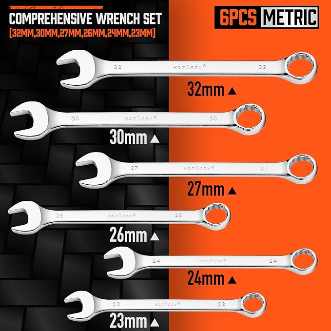 HORUSDY Large Wrench Set with Rolling Pouch | Metric | 6-Piece | 23mm, 24mm, 26mm, 27mm, 30mm, 32mm | 12 Point | Chrome Vanadium Steel
