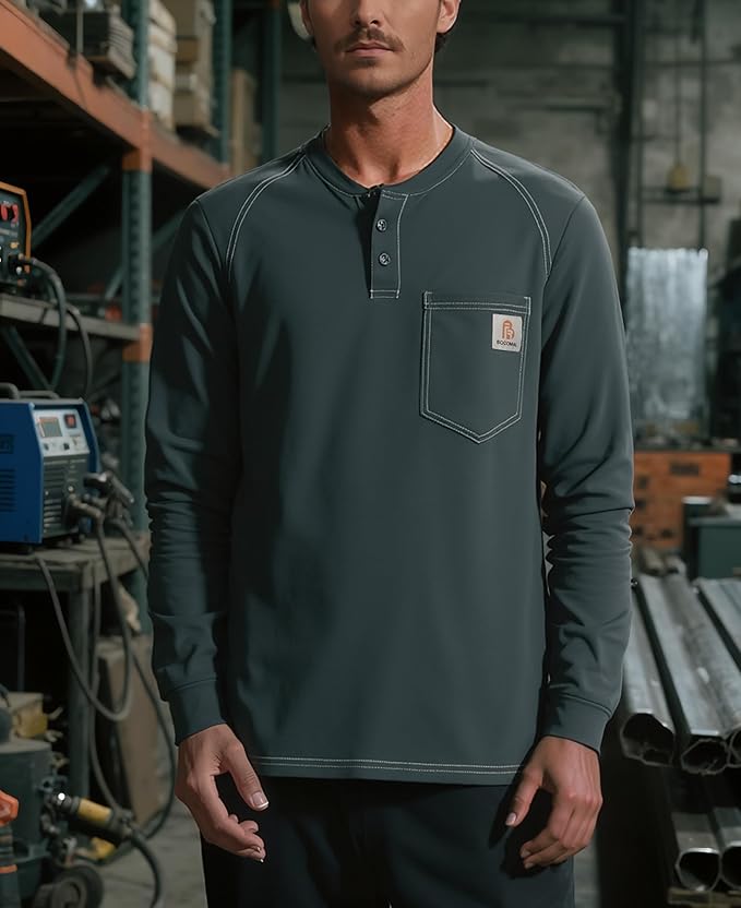 BOCOMAL Men's FR Henley Shirt Flame Resistant 5.5oz Cotton Long Sleeve Workwear UL NFPA2112 CAT2 Welding Tee