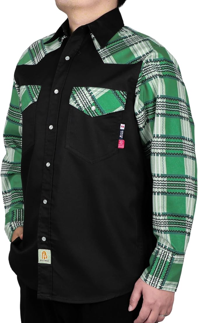 BOCOMAL FR Shirts Pearl Snaps Two Tone Plaid/Solid Flame Resistant Cotton Welding Shirt NFPA 2112 CAT 2