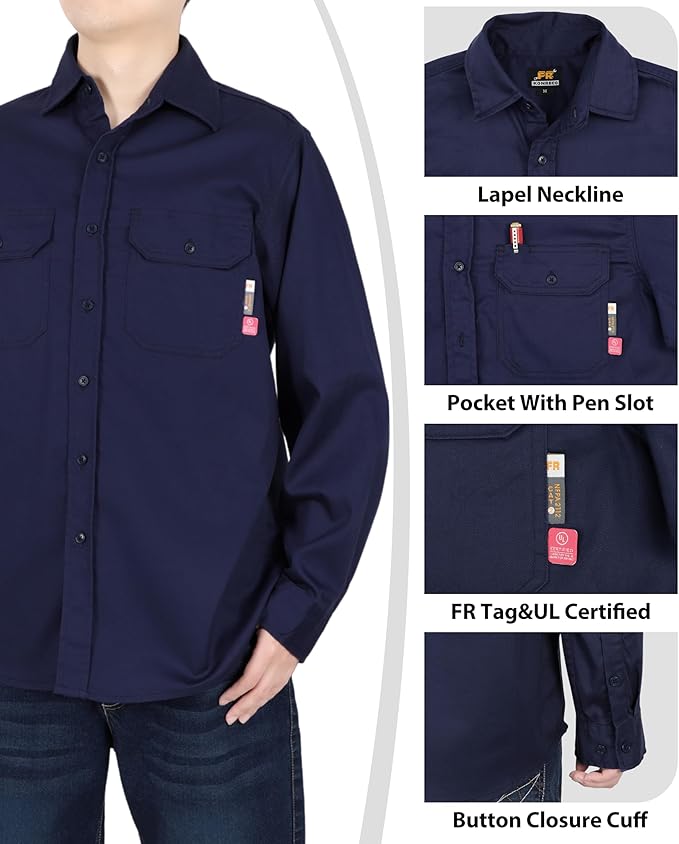 KONRECO FR Shirts for Men Fire Resistant Button Down Work Shirt 100% Cotton 6.5oz Lightweight Welding Shirts