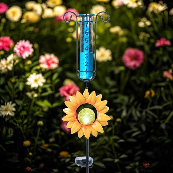 WONDER GARDEN Solar Rain Gauge Outdoor, Sunflower Decorative Rain Gauges Outdoors Best Rated with Yellow Crackled Glass Ball, Freeze Proof Water Rain Measure Gauge for Yard Patio Lawn Decor
