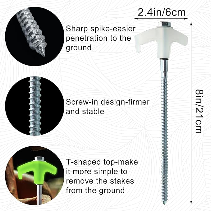 20-Pack Heavy Duty Screw-in Tent Stakes with Drill Adapter – 8 Inch Ground Anchors for Camping, Canopy, Gazebo, Awnings & Outdoor Accessories