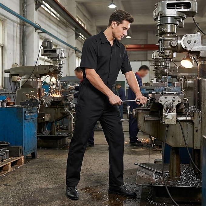 TopTie Men's Short-Sleeve Coverall Work Jumpsuit Lightweight with Zipper Front Elastic Waist