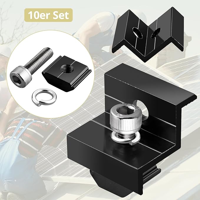 10pcs Solar Panel End Clamp 30mm/35mm, Anbte Aluminum Z Brackets for Solar Panels Solar Mounting Brackets Kit with Nuts Bolts for Solar Panel Pv Mounting System Install Accessories (Black)