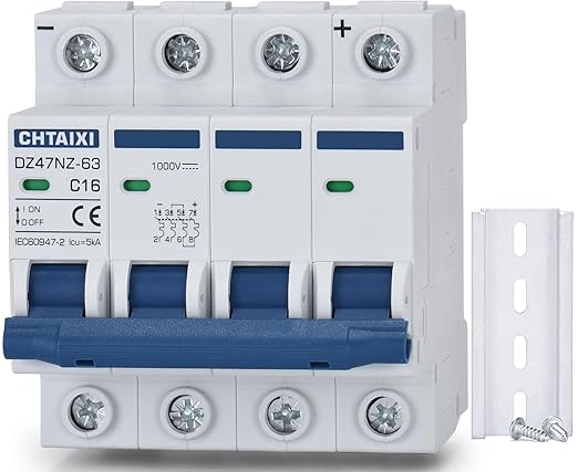 DC Miniature Circuit Breaker, 4 Pole 1000V 16 Amp Isolator for Solar PV System, Thermal Magnetic Trip, DIN Rail Mount DC Disconnect Switch C16