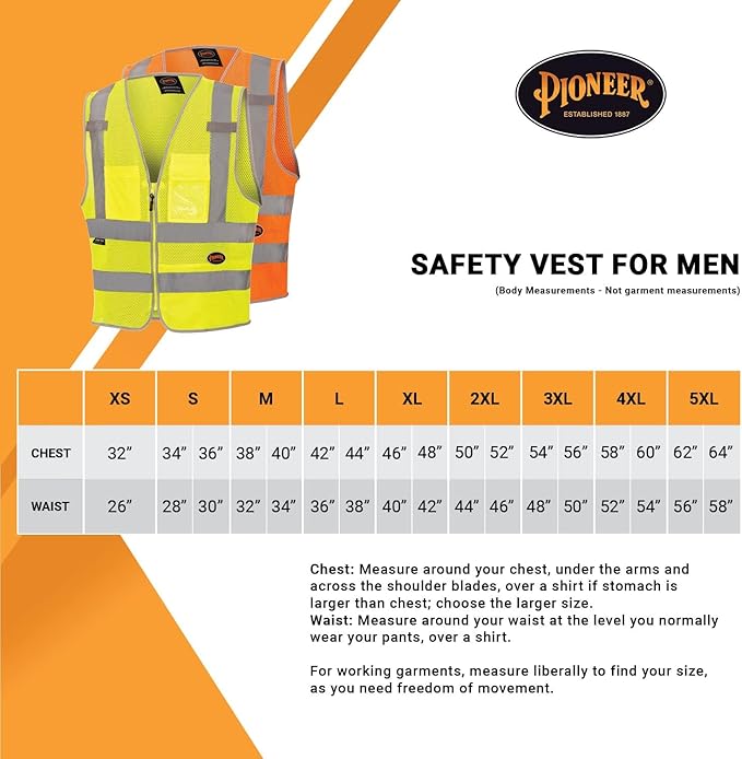 Pioneer Hi Vis Safety Vest for Men & Women - Reflective Cooling Mesh - 8 Pockets - Class 2 - Construction, Traffic, Security