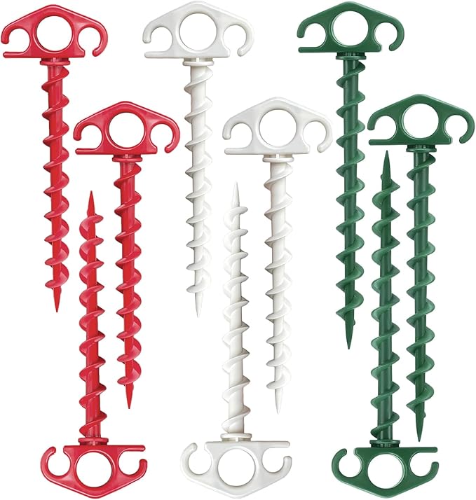 Plastic Inflatable Stakes, Tent Stake 6 Pack Sand Stakes for Beach 9.4 Inch Heavy Duty Spiral Yard Stakes for Camping, Party and Outdoor Halloween Christmas Decorations (9, Red+Green+White)