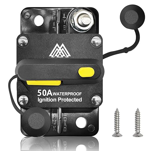 50Amp Circuit Breaker for Trolling Motor Marine Boat ATV Vehicles Stereo Audio Solar Battery System with Manual Reset Inline Fuse with 1/4" M6 Screw Stud DC IP67 Waterproof 12-48V