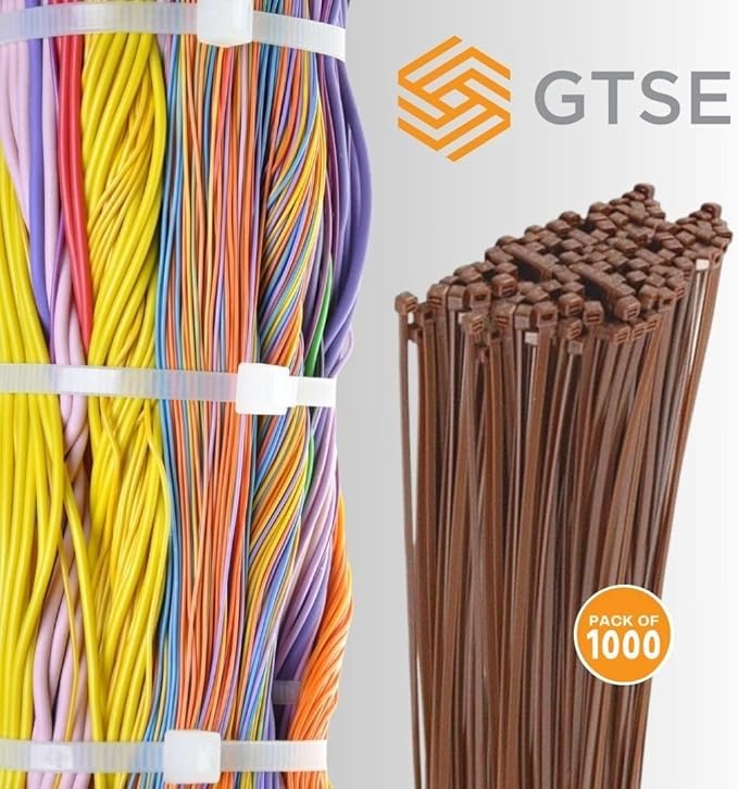 GTSE 8 Inch Brown Zip Ties, 1,000 Bulk Pack, 18lb Strength, UV Resistant Small Nylon Cable Ties, Self-Locking 8" Tie Wraps