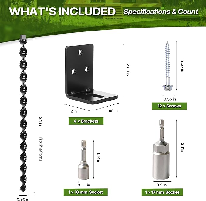 24" Heavy Duty Ground Anchors Screw in, Set of 4 Mobile Home Anchors, Multi-Purpose Earth Anchors with Brackets and Adapter for Drill, Ideal for Mobile Homes, Storage Sheds and Carports(Black)