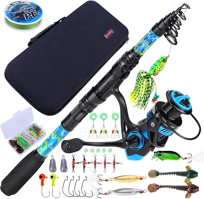 Sougayilang Telescopic Fishing Rod and Reel Combos, Full Kit with Carrier Bag, 11+1 Bearings Spinning Reel, Carbon Fiber Travel Fishing Pole for Saltwater Freshwater