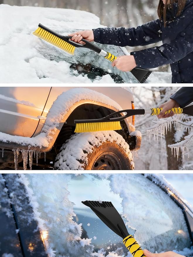 MIKKUPPA 27'' Snow Brush and Ice Scrapers for Car Windshield - Detachable Windshield Scraper, Snow Removal Tool with Curved Connector & Ergonomic Foam Grip for Cars, Trucks, SUVs (Yellow, 2 Pack)