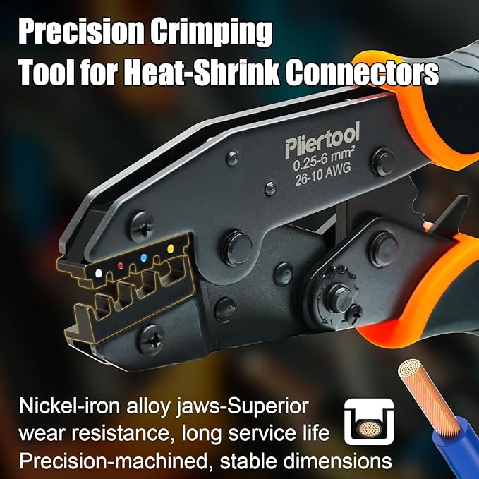 Crimping Tool for Heat Shrink Connectors-AWG 26-10, Ratcheting Wire Terminal Crimper Crimping Pliers Available for Insulated Nylon Connectors and Wire Terminal
