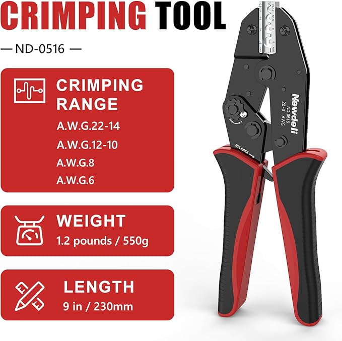 Newdeli Wire Crimping Tool for Non Insulated Butt Wire Connectors - AWG 22-6 Ratchet Wire Crimper Tool Electrical Non Insulated Ring Terminals Ratcheting Crimping Plier Crimp Tool