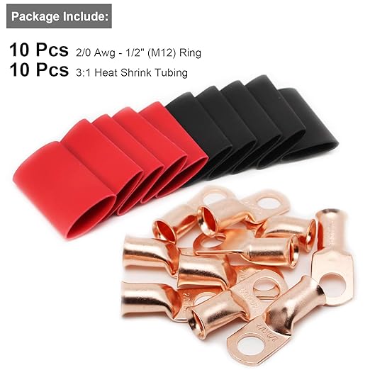 TKDMR 10pcs 2/0 AWG-1/2 Battery Lugs,Heavy Duty Wire Lugs,Ring Terminals,Battery Cable Ends,0 Guage terminals,Battery Terminal Connectors with 10pcs 3:1 Heat Shrink Tubing