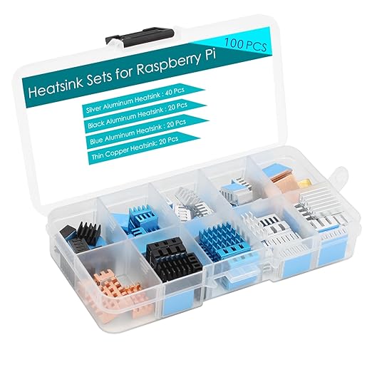 100 Pcs Heatsinks (Multi-Size&Multi-Color), Heatsink Kit with 3M 8810 Conductive Adhesive Tape Aluminum Heat Sink Copper Heat Sinks Cooler for Raspberry Pi 5/4/3/Zero VRM SSD 3D Printer