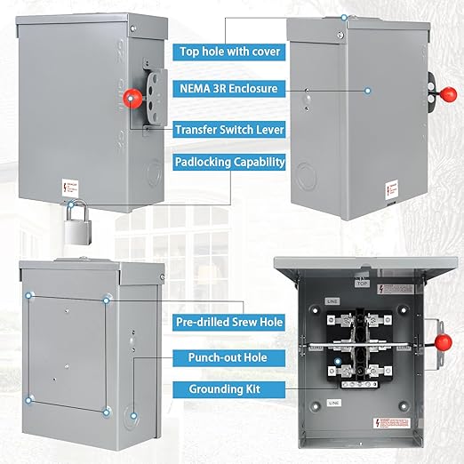 100A Manual Transfer Switch for Generator, Manual Generator Transfer Switch,100 Amp 120/240-Volt 24000W General-Duty Double-Throw Safety Switch, NEMA 3R for Outdoor and Indoor, 2P