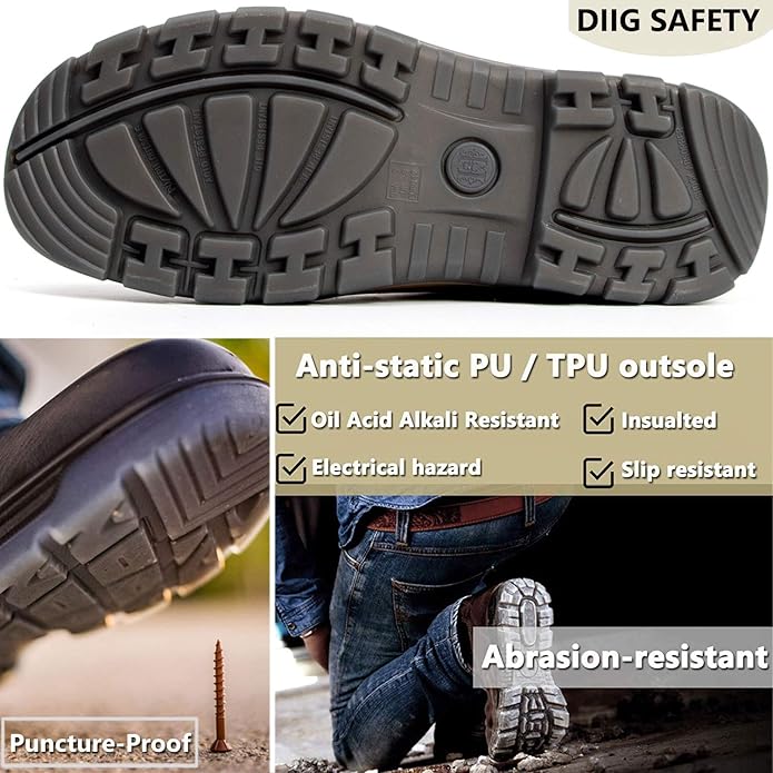 DIIG Work Boots for Men, Steel/Soft Toe Waterproof Working Boots, Slip Resistant Anti-Static Slip-on Safety Working Shoes