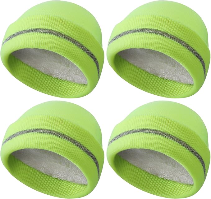 Suhine 4 Pack Men Hi Vis Winter Safety Hats Fleece Lined High Visibility Beanies with Reflective Stripes Hats for Outdoor