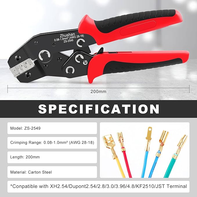Zhushan ZS-2549 Precision Ratcheting Crimping Tool for JST, Molex, Dupont Terminals – Fits ZH 1.5mm, PH 2.0mm, XH 2.5mm, VH 3.96mm, Dupont 2.54mm, AWG 28-18 (0.08-1.0mm²) – Professional Wire Crimper