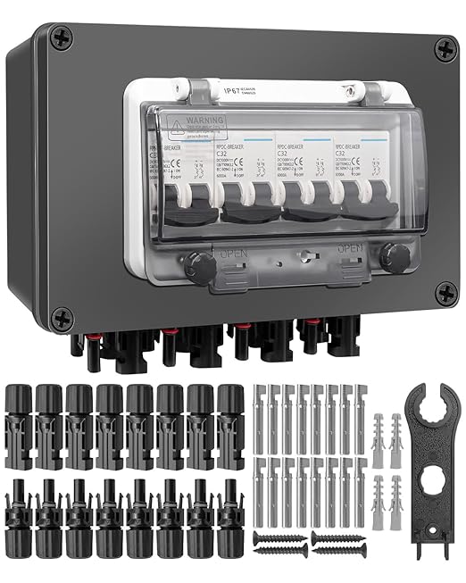 Solar Panel Disconnect Switch 4 String 32 Amp DC Circuit Breaker Box, Waterproof IP67 Solar Combiner Box with MC4 Connectors for Grid-Connected and Off-Grid Systems, 4 in 4 Out