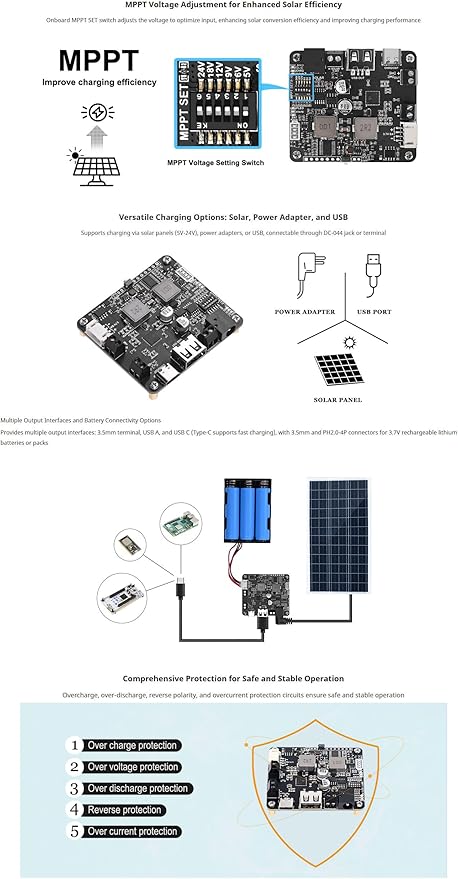 5V-24V Solar Power Management Module with MPPT, Type-C Power Adapter, 5V/3.1A Regulated Output, USB C, Ideal for Solar Charging, IoT & Eco-Friendly Projects (Not with 18650)