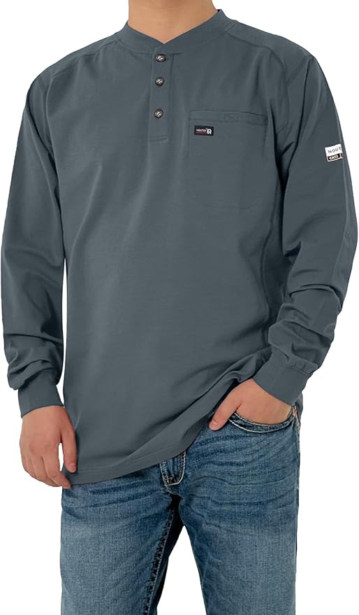 FR Shirts for Men 6oz Lightweight Stretch Work Shirt Flame Resistant Long Sleeve Henley Shirt CAT2