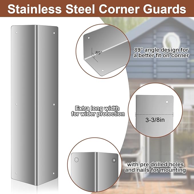 Moxweyeni 2 Pack Stainless Steel Corner Guards for Vinyl Siding 3 3/8'' x 3 3/8'' x 15 3/4'' Metal Siding Corner Guards Protector 89° Angle Weed Whacking Protection for Outside Exterior Wall Repair