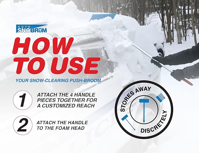 Snow Remover for Cars and Trucks - 28 to 63 Inch Automotive Snow Brush with Foam Head and 4 Piece Handle - Push-Broom Design - No-Scratch Snow Removal - 1 Pack