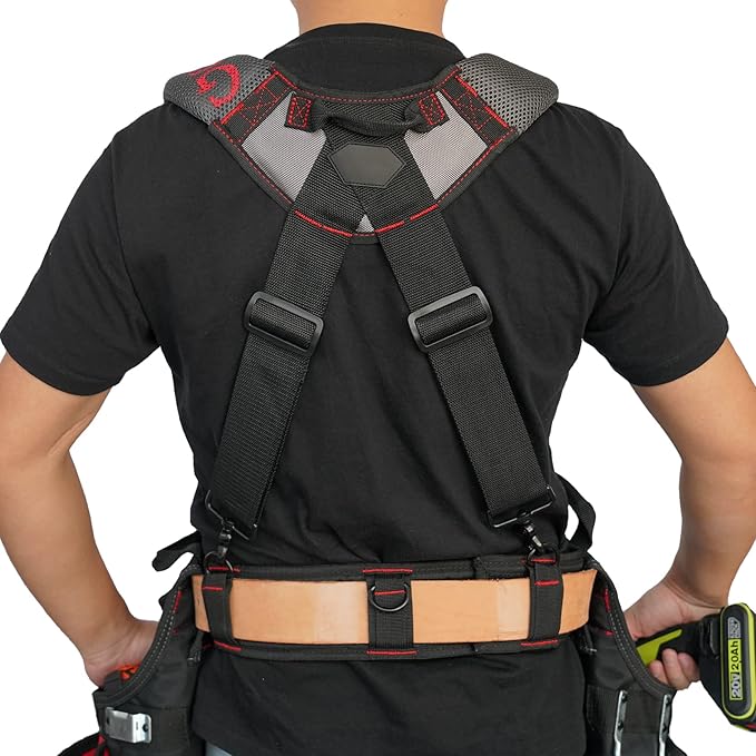 MELOTOUGH Gel Padded Tool Belt Suspenders Work Belt Suspender Tool Belt Suspenders with Gel shoulder for Electrician,Contruction,Carpenter (Trigger Snap Hook with Red Color)