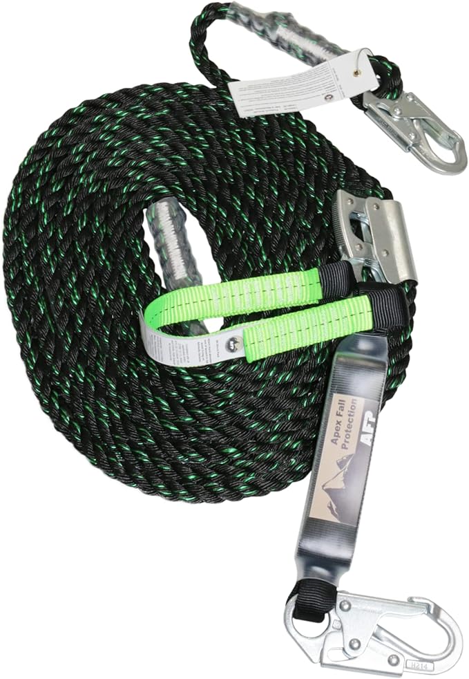 AFP 50 FT Vertical Lifeline Assembly w/Rope Grab Snap Hooks & Shock Absorber, ANSI & OSHA Rated Fall Protection Roofing Safety Equipment