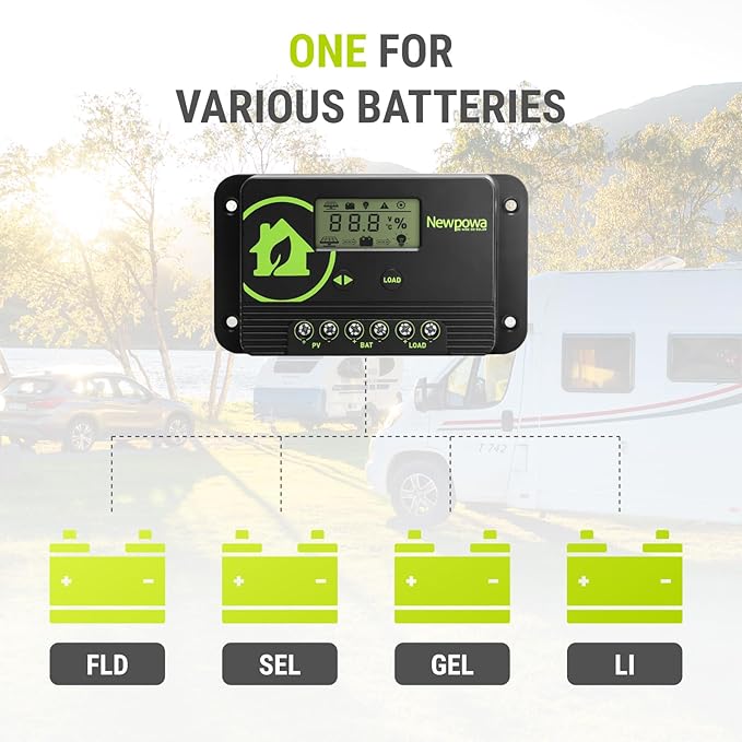 Newpowa 20A PWM Solar Charge Controller 12V/24V Compact Design LCD Display Off Grid Solar Panel Adjustablefor AGM, Gel, Flooded and Lithium Battery