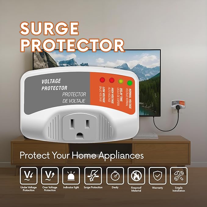 Refrigerators Surge Voltage Protector Multi Function Plug Single Outlet, Over Voltage/Under Voltage 140J Surge Protection for Air Conditioners & Home Appliances 120V 15A 1800W