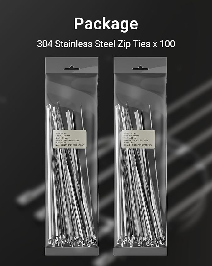100 Pcs Metal Zip Ties 11.8 Inch, Heavy Duty 304 Stainless Steel Self-Locking Cable Ties, for Outdoor Fence, Cables, Pipes, Vehicles, Farms, Automotive Parts, Exhaust Wraps, Silver