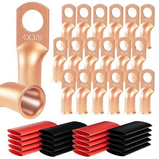 20pcs 4 Awg - 3/8" Sanuke Wire Lugs Ring Terminal Connectors Ends Heavy Duty for Battery Cable Lug Wire Electrical Eyelets with 3:1 Dual Wall Adhesive Heat Shrink