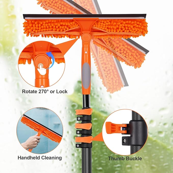 Window Squeegee with Carbon Fiber Extension Pole for Home, 3.5 to 12Ft Window Cleaning Kit Tool Outdoor, Lightweight Professional Window Washing Kit with Rotatable Head & 2 Scrubbers, 2 in 1