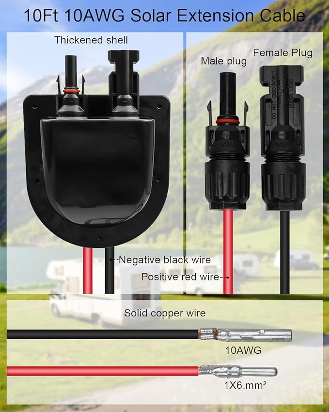 Waterproof Solar Connector Entry Gland Cable Junction Box Through RV Roof Solar Entry Housing with 10Ft 10AWG Extension Cable, Connector on RV Boat Van Camper, Black