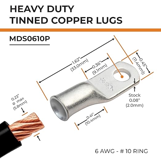 SELTERM 25pcs 6 AWG #10 Stud Marine Grade Tinned Copper Battery Cable Lugs, 6 Gauge Ring Terminals, UL Wire Lugs Electrical Battery Cable Ends, Tinned Copper Lugs Battery Terminal Connectors