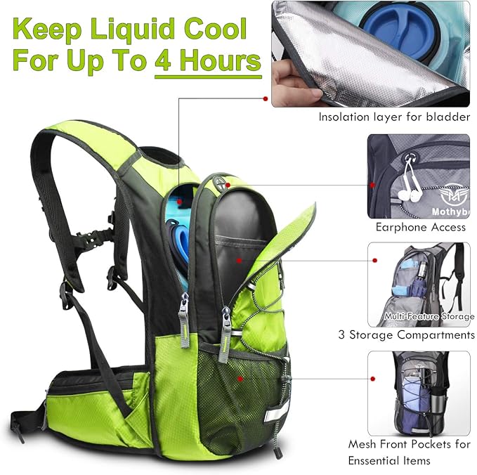 Insulated Hydration Backpack Pack with 3L BPA Free Leak Proof Water Bladder, Large Storage Lightweight Hiking Daypack with Waist Pouches & Cooler Layer, for Running, Biking, Camping, Festival