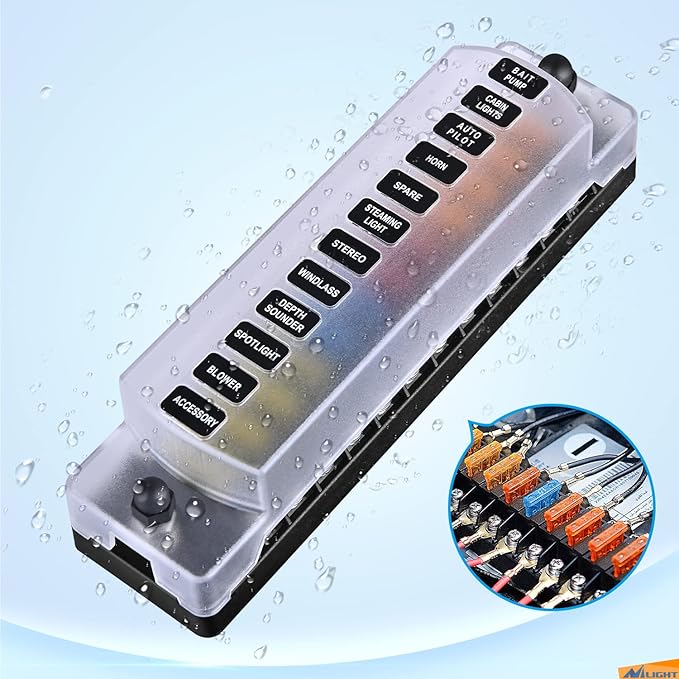 Nilight 12 Way Fuse Block with Negative Bus 12V Blade Holder ATC/ATO Standard Box Label Stickers Waterproof Cover Panel for Automotive Cars Trucks RVs Campers Vans